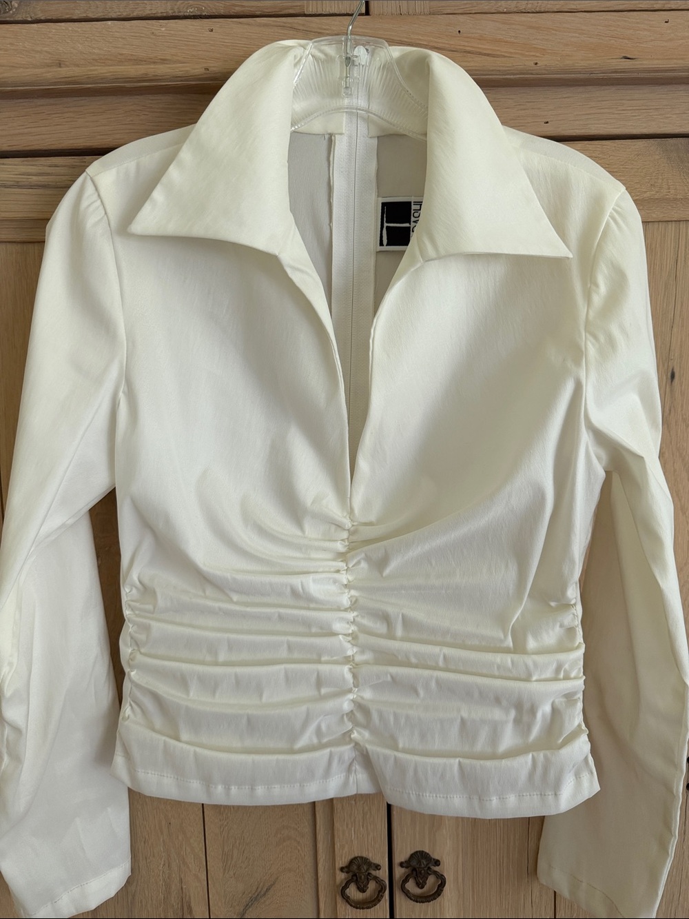 Tadashi Shoji White Collared Blouse with Ruched Front